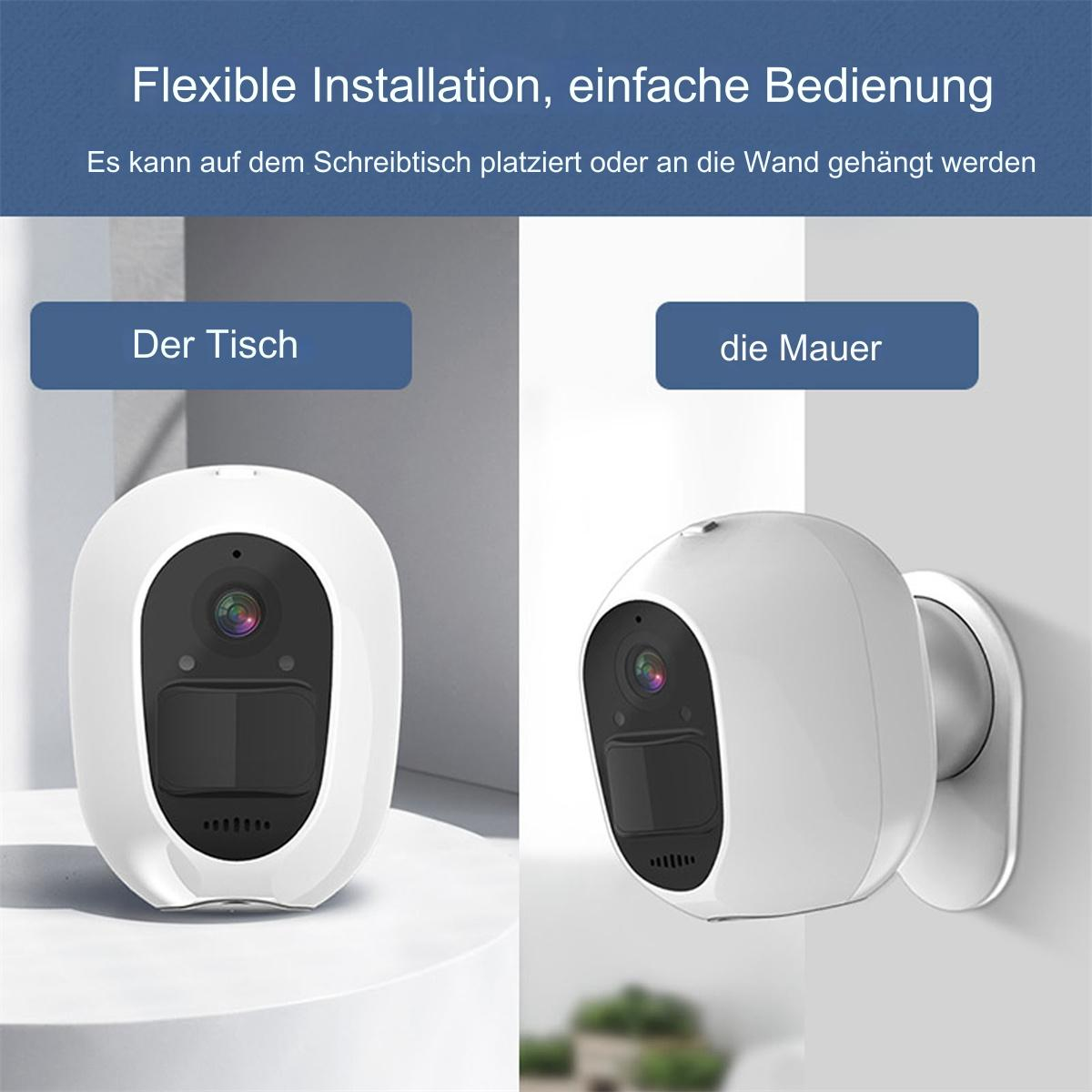 Zwei weiße Überwachungskameras, eine auf einem Schreibtisch und eine an der Wand montiert.