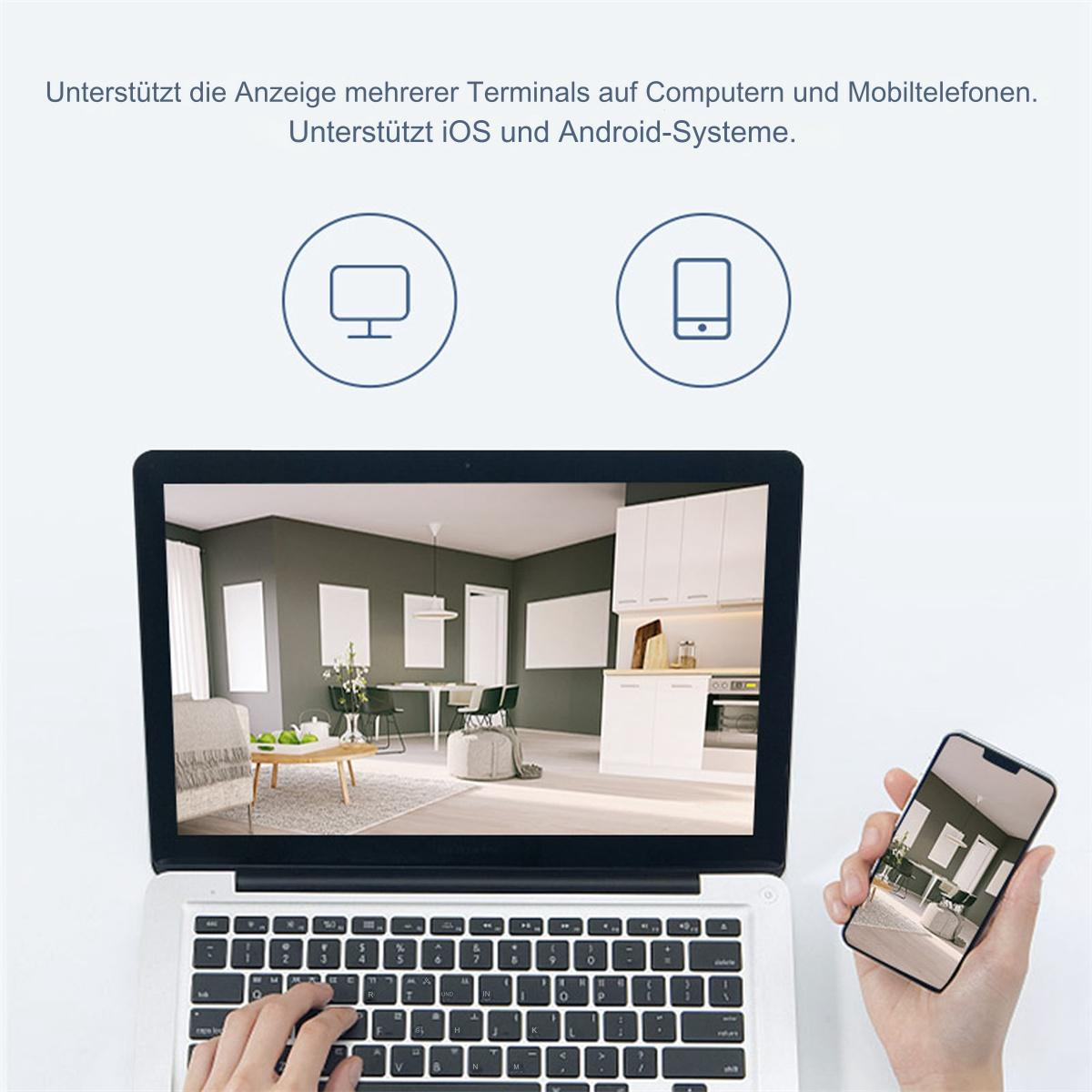 Ein Laptop und ein Telefon, mit Symbolen für einen Laptop und ein Telefon, neben Text, der iOS und Android unterstützt.