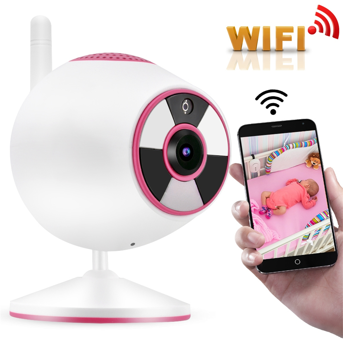 Weiß-rosa Babyphone, das ein schlafendes Baby in einem Kinderbett auf einem Telefonbildschirm zeigt.