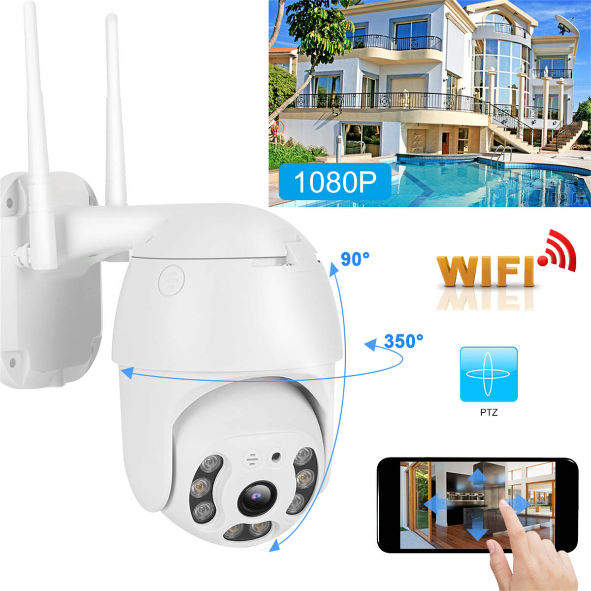 Weiße Überwachungskamera mit Antennen. Im Hintergrund ein Haus mit Pool. Telefon zeigt Steuerungs-App.