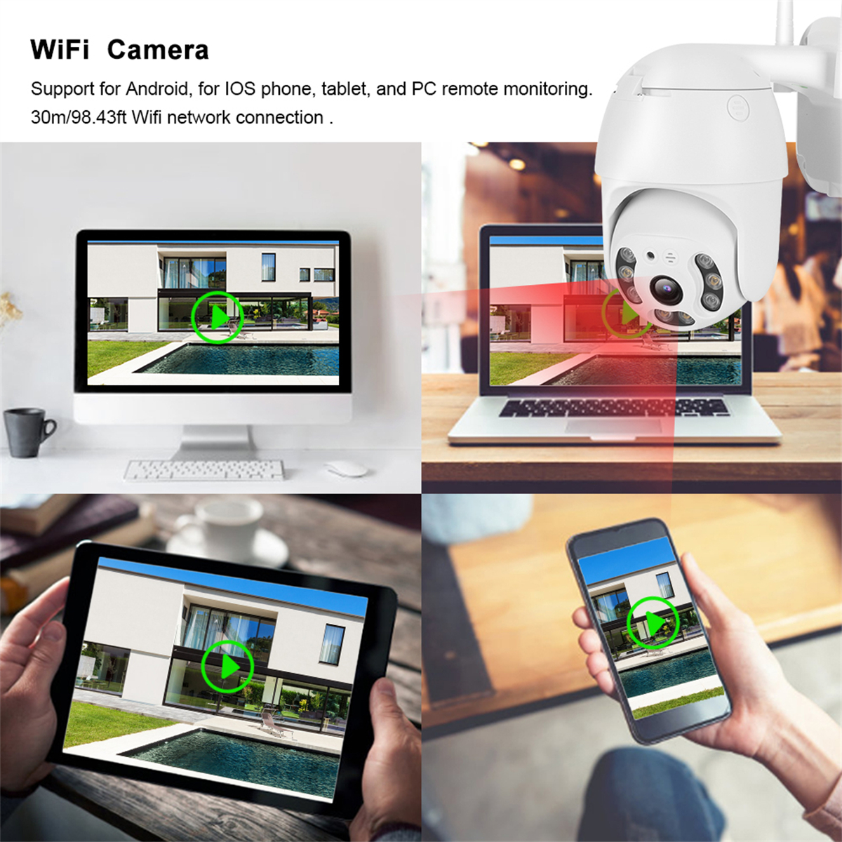 WLAN-Kamera mit mehreren Bildschirmen, die eine Hausansicht zeigen, mit Text zu Android, iOS und WLAN-Verbindung.