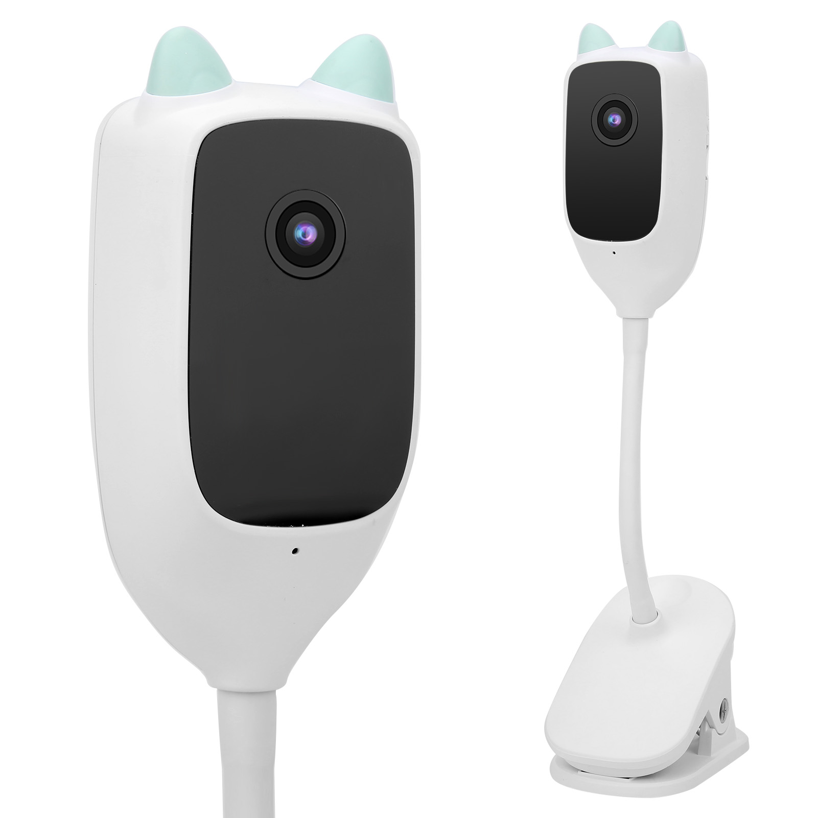 Zwei weiße Babyphone in Katzenform mit blauen Ohren. Sie befinden sich auf weißem Hintergrund.
