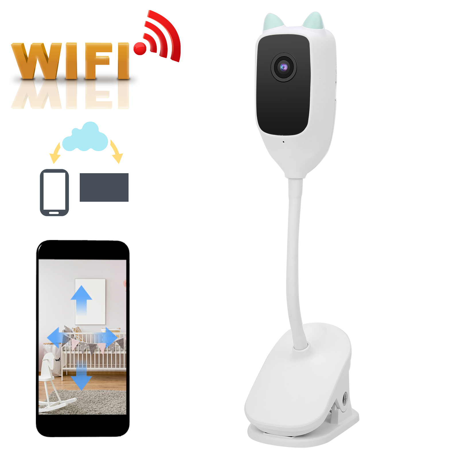 Ein weißer Babyphone mit flexiblem Hals, ein Smartphone, das die App anzeigt, und ein WLAN-Signal.