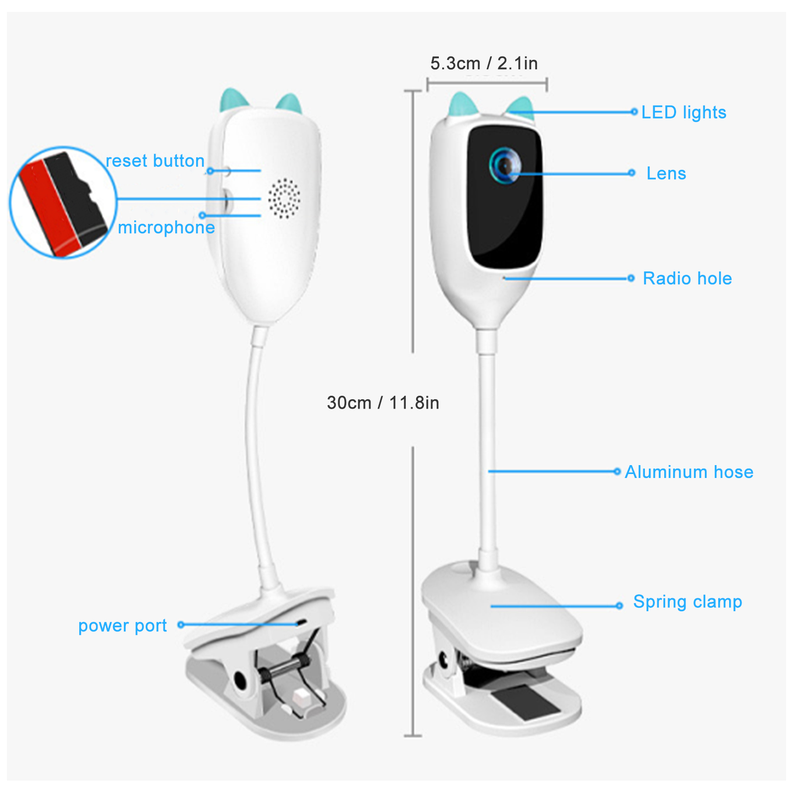 Weißer Babyphone-Monitor mit Funktionen: Reset-Taste, Mikrofon und Federklemme.