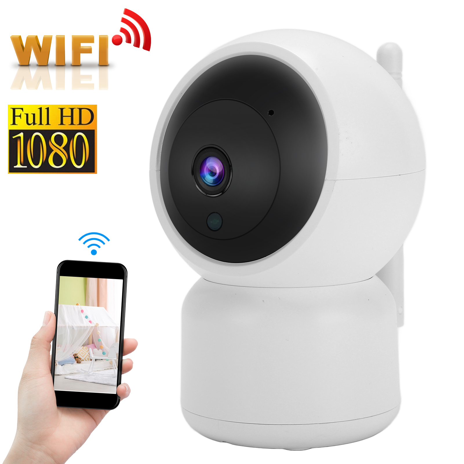 Weiße Überwachungskamera mit schwarzem Objektiv, zeigt WIFI und Full HD 1080. Telefon zeigt Babybett.
