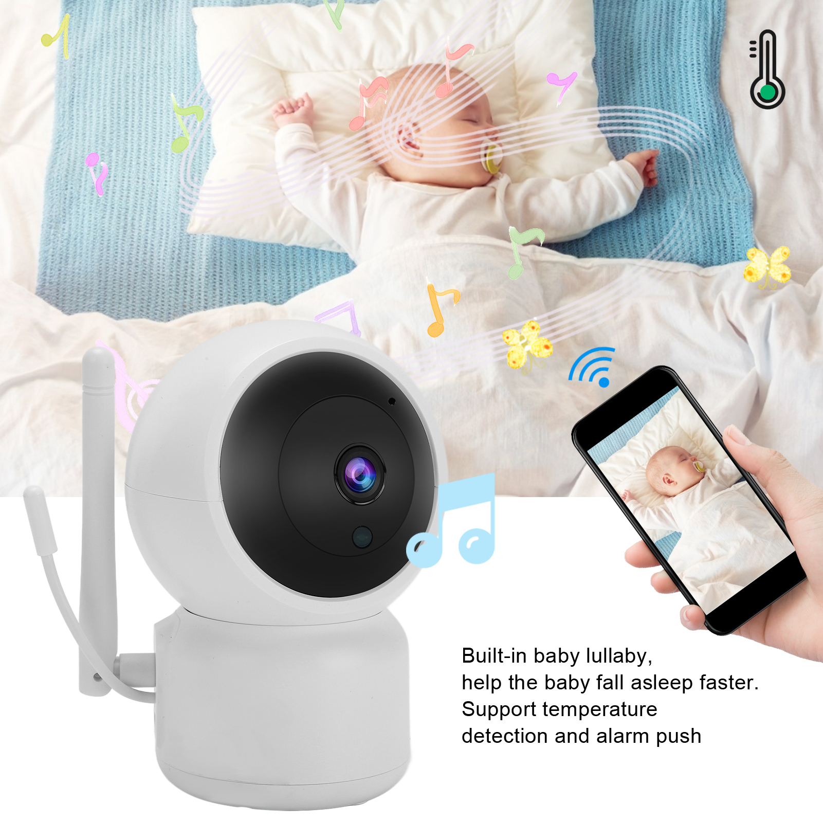 Babyphone mit Baby im Bett, Telefon mit Baby und Noten.
