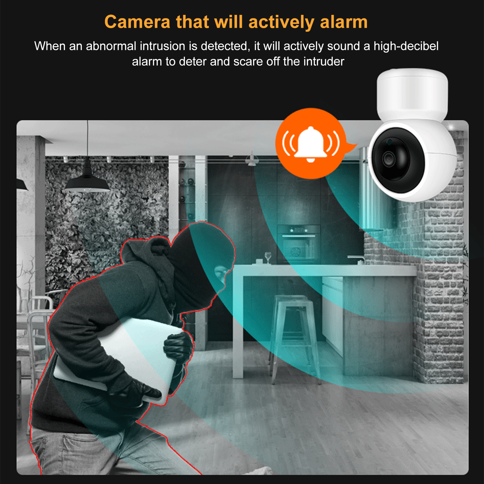 Heimüberwachungskamera mit Alarm, die einen Einbrecher in einem Wohnzimmer zeigt.