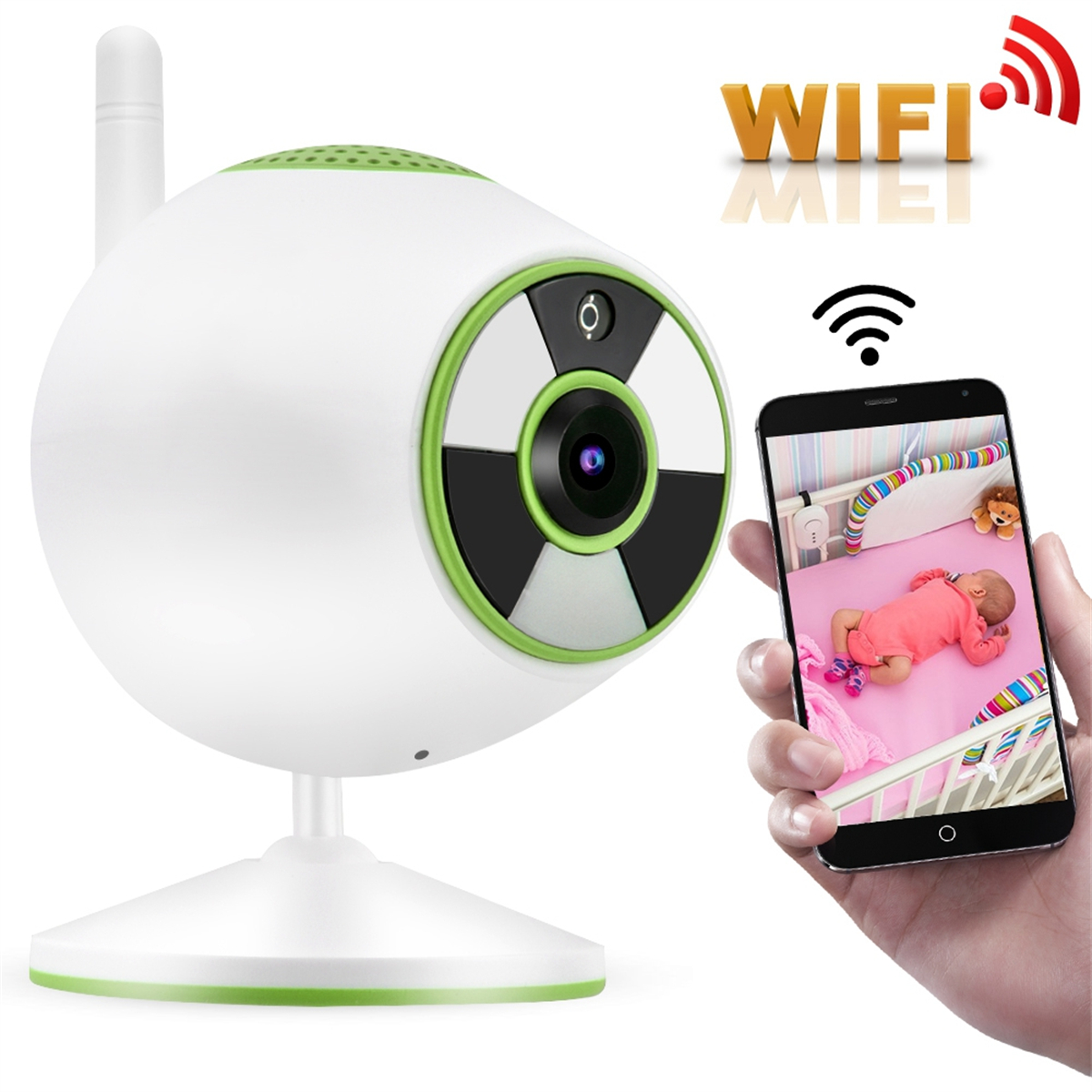 Ein weiß-grüner Babyphone mit einem Telefon, das ein Baby im Bett zeigt.