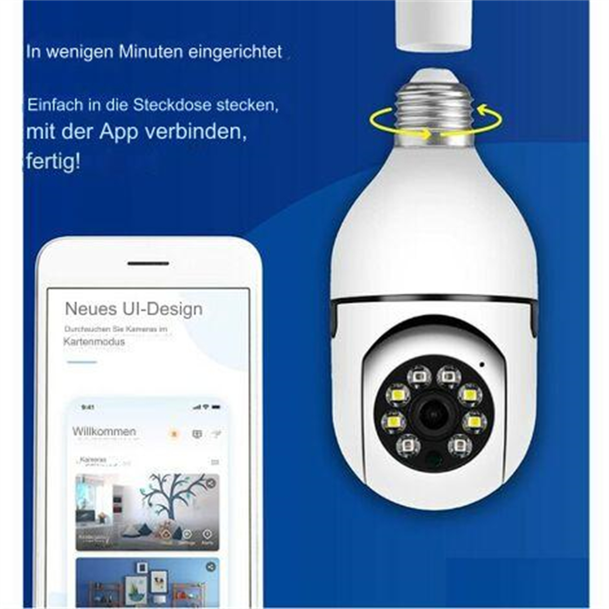 Weiße, birnenförmige Sicherheitskamera mit Telefon, das die App zeigt. Text: Einfach zu installieren, mit der App verbinden, fertig!