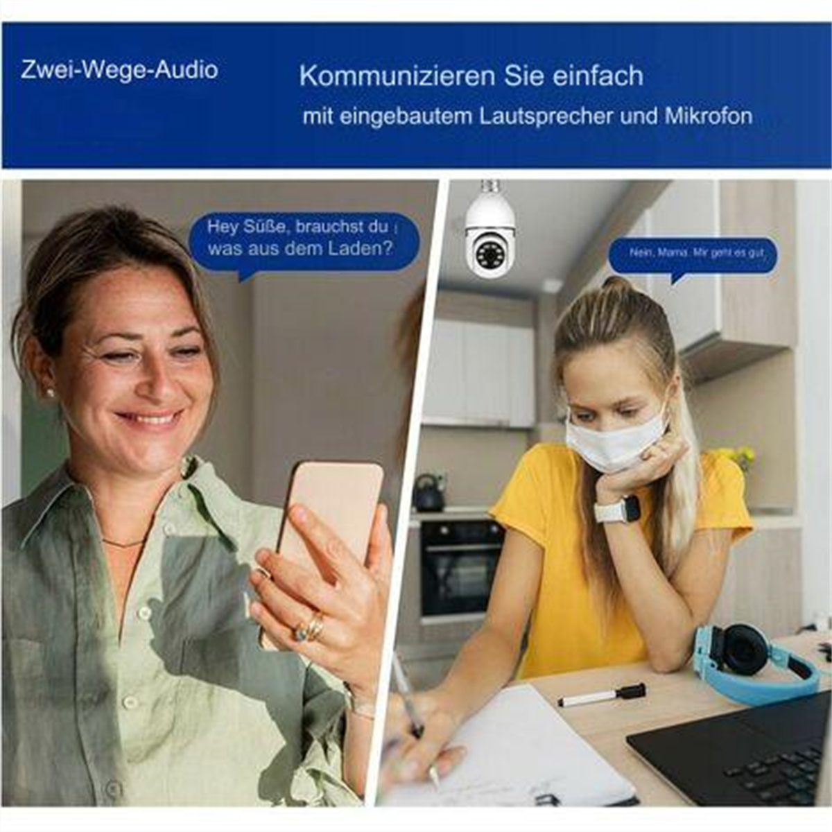 Zwei Personen videochatten. Eine Frau hat ein Telefon, die andere trägt eine Maske.