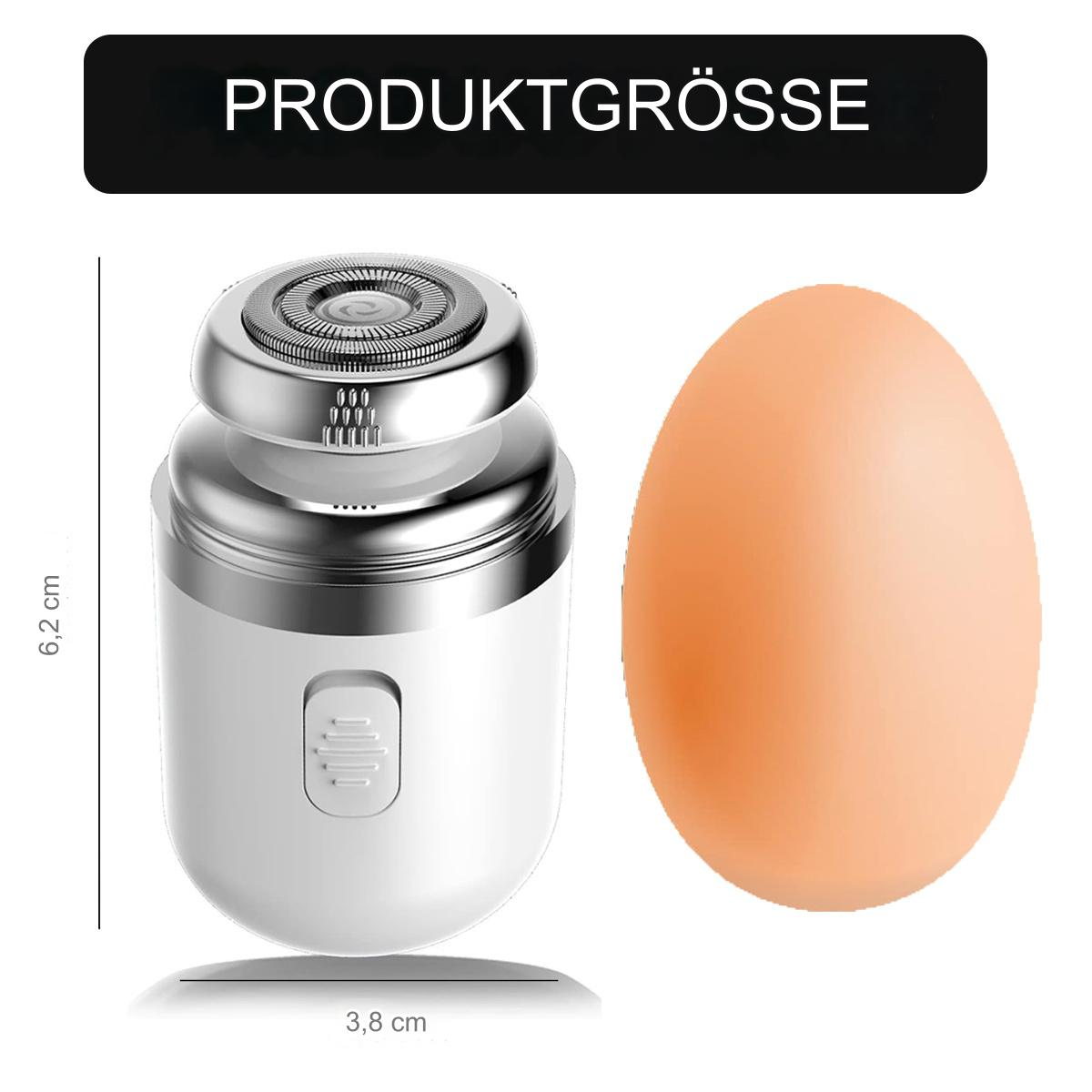 Ein weißer und silberner Elektrorasierer neben einem orangefarbenen, eiförmigen Objekt. Abmessungen angezeigt.