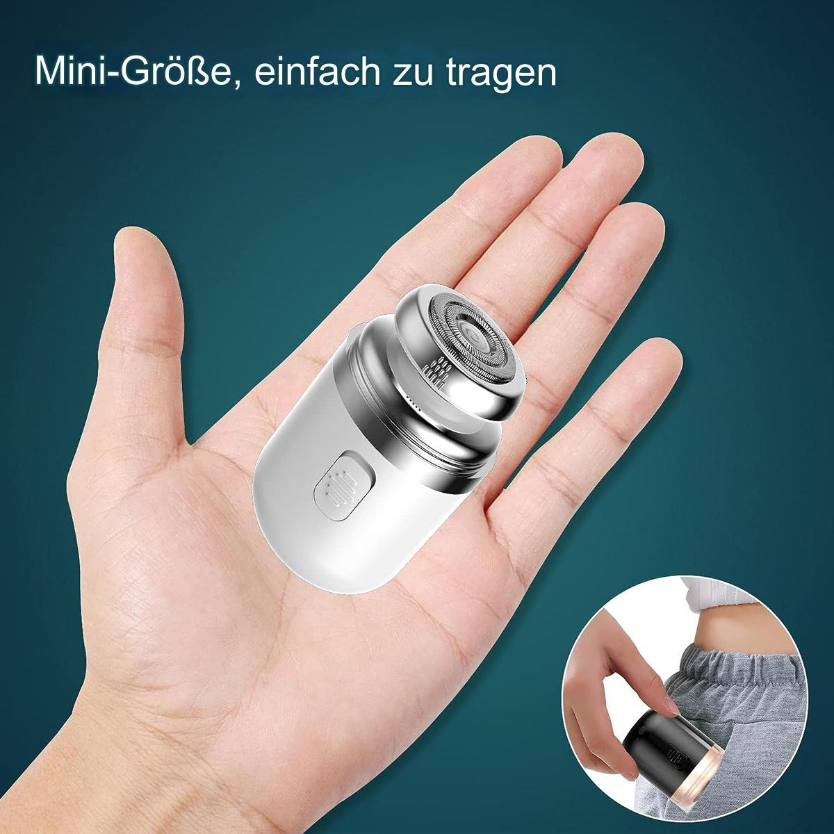 Kleiner, weißer und silberner Elektrorasierer in einer Hand, mit zusätzlichen Bildern zur Verwendung in verschiedenen Bereichen.