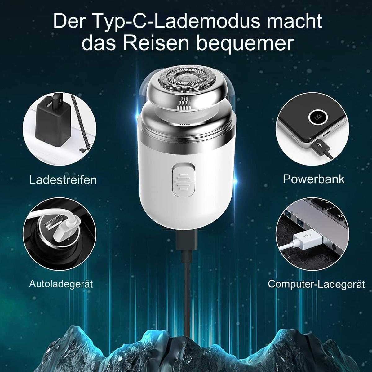 Elektrischer Rasierer mit Ladeoptionen: Adapter, Powerbank, Autoladegerät und Computerladegerät.