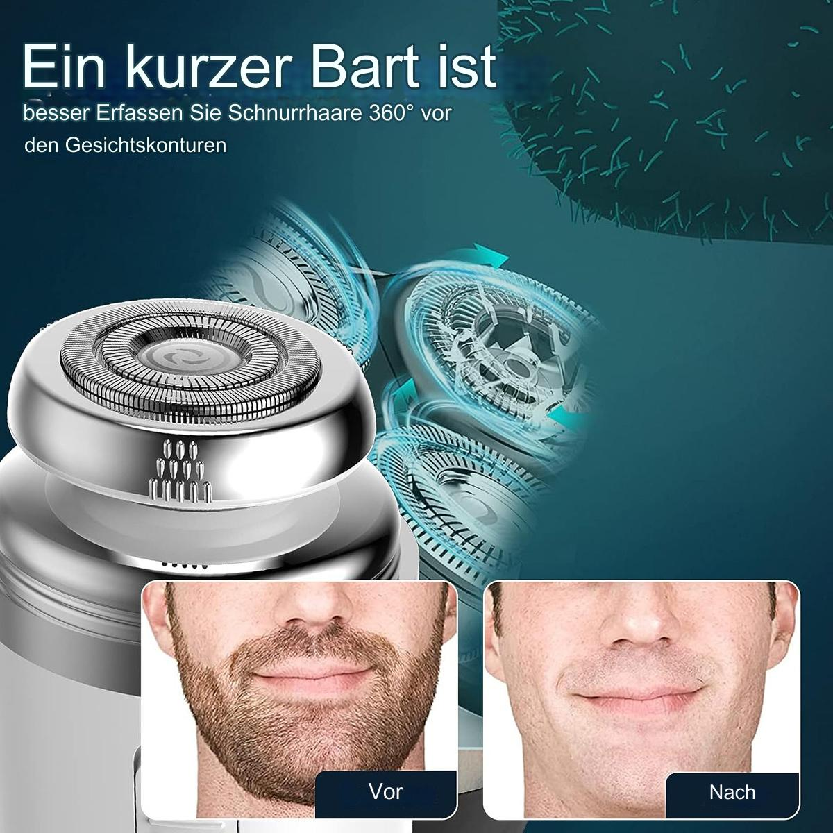 Ein Elektrorasierer zeigt Vorher-Nachher-Rasurergebnisse. Der Rasierer ist silberfarben. Das Ergebnis ist glatt rasiert.