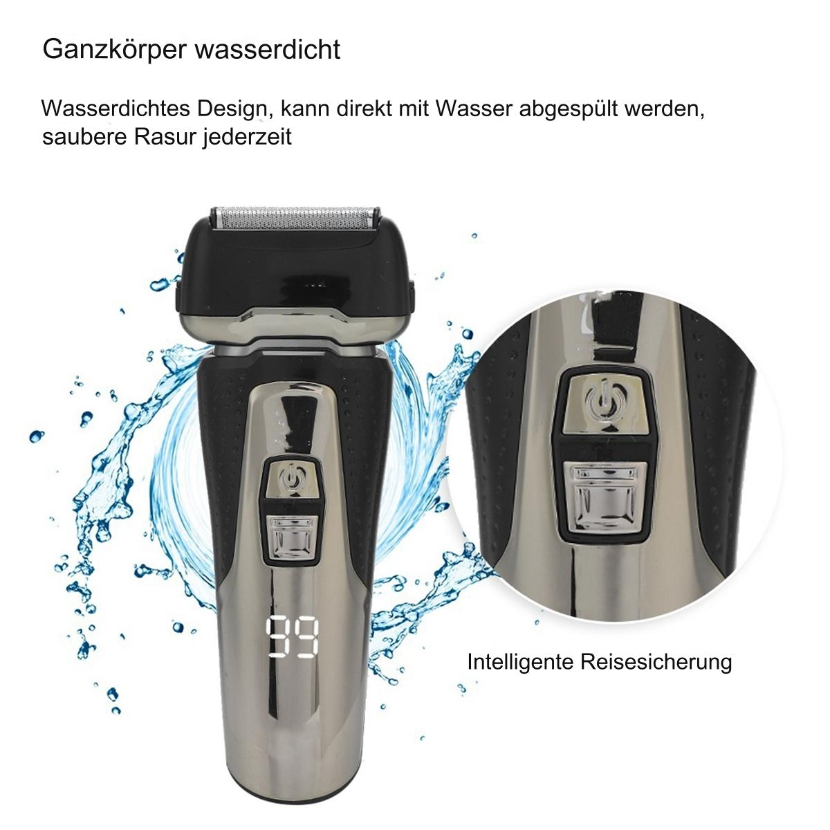 Elektrischer Rasierer, der die Akkulaufzeit anzeigt, mit detaillierter Ansicht des Ein/Aus-Bereichs.