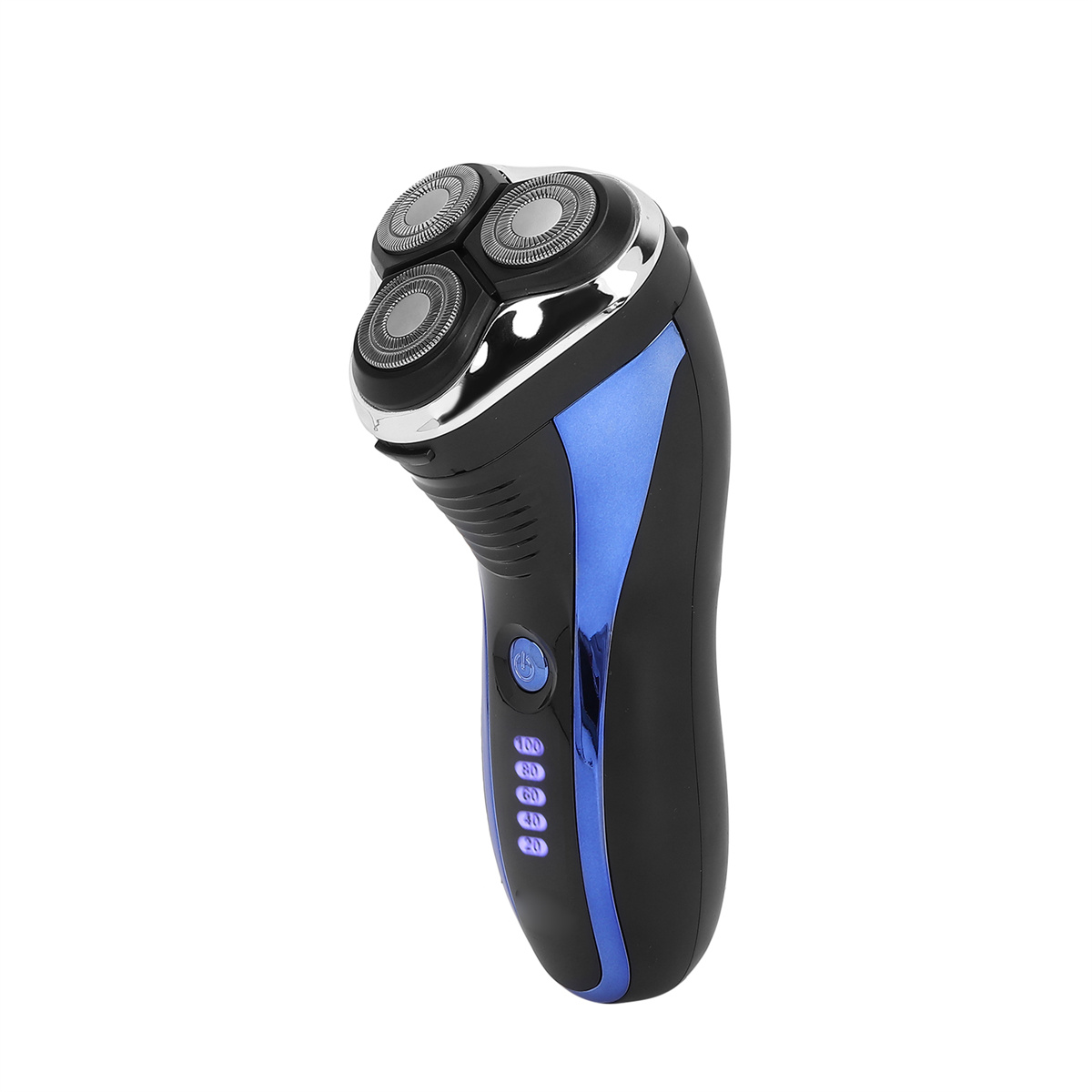 Ein elektrischer Rasierer, schwarz mit blauem Streifen. Drei silberne Köpfe, Leistungsanzeige.