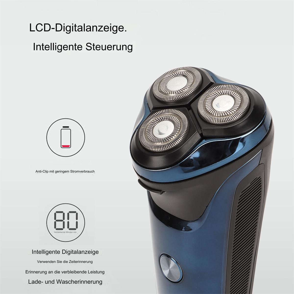 Ein blauer und schwarzer Elektrorasierer mit drei Klingen. Eine Digitalanzeige zeigt 80 Minuten an.