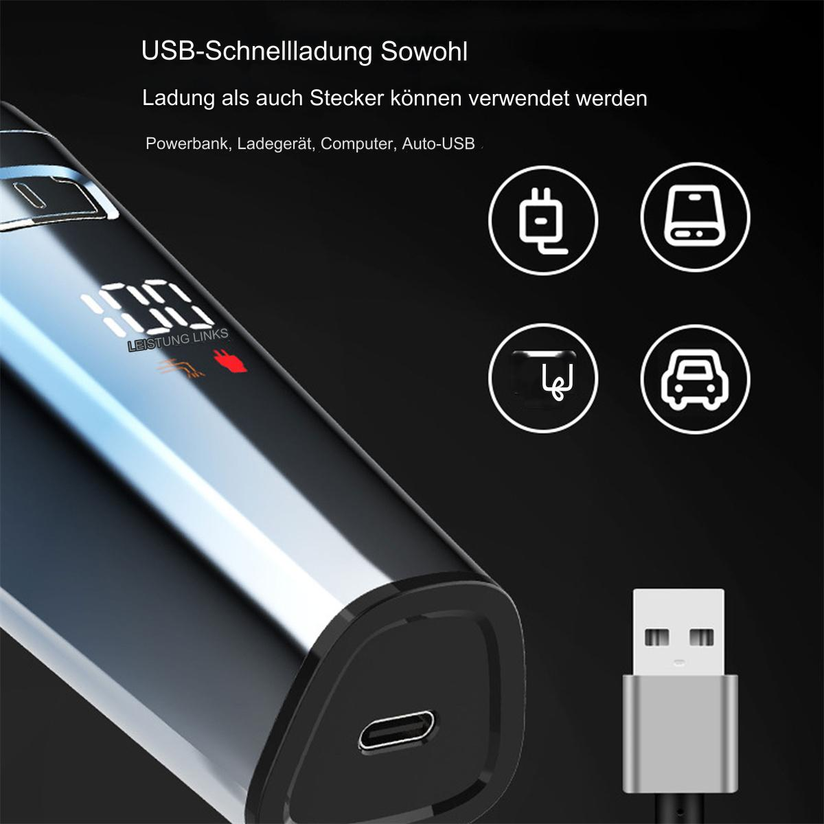 Silbernes und schwarzes tragbares Gerät mit digitaler Anzeige und USB-Anschluss.
