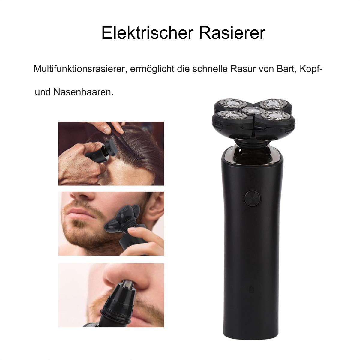 Ein Elektrorasierer mit schwarzem Gehäuse und drei Ansichten, die das Rasieren von Bart, Haaren und Nasenhaaren zeigen.