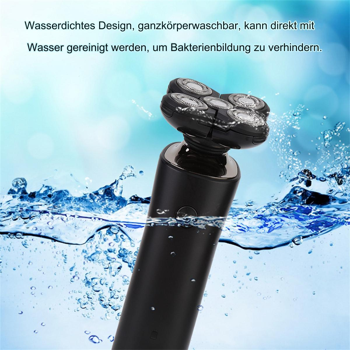 Schwarzer Elektrorasierer im Wasser, mit Wassertropfen. Text über Waschbarkeit und Bakterienverhinderung.