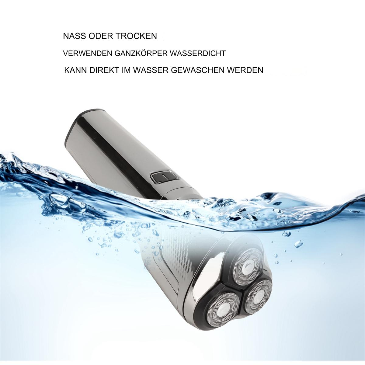 Elektrorasierer in Wasser getaucht. Text weist auf Nass- oder Trockenbetrieb und Waschbarkeit hin.
