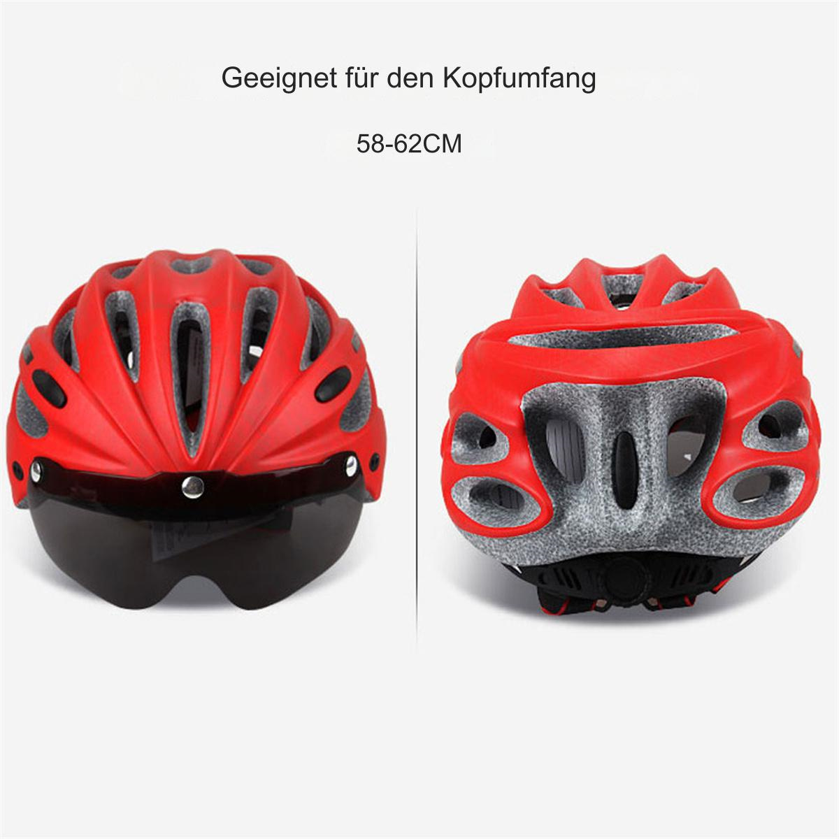Roter Fahrradhelm mit Visier. Vorder- und Rückansicht, weißer Hintergrund.