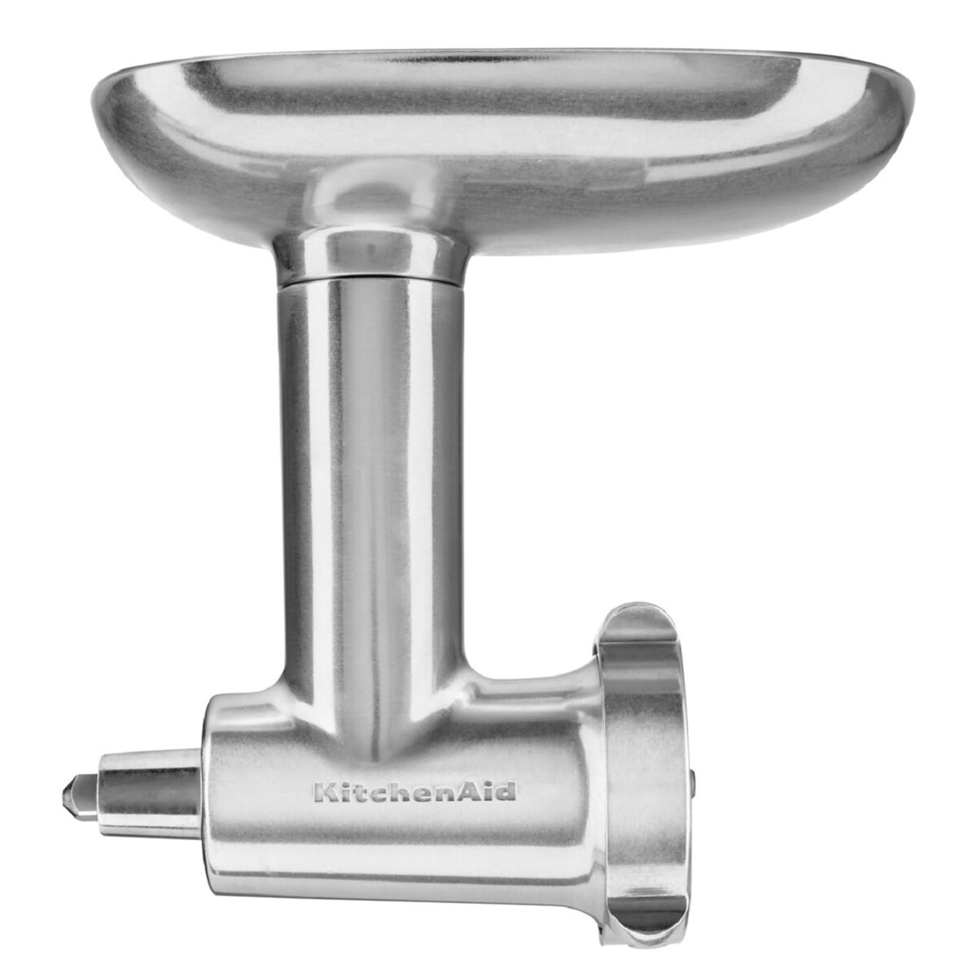 Een KitchenAid vleesmolenopzetstuk, zilver metaal, met een trechter en maalgedeelte.