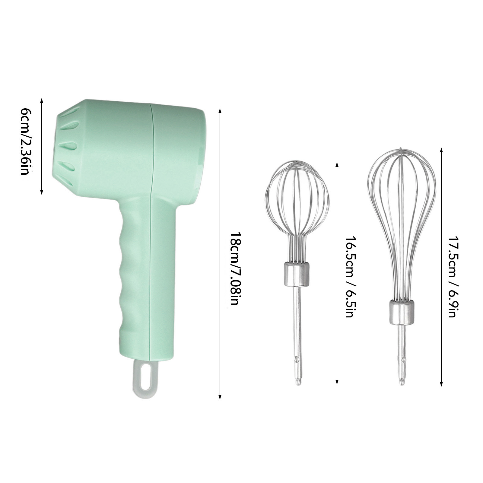 Ein mintgrüner Handmixer mit Abmessungen. Zwei Aufsätze: Schneebesen und Rührbesen. Maße sind in cm und Zoll angegeben.