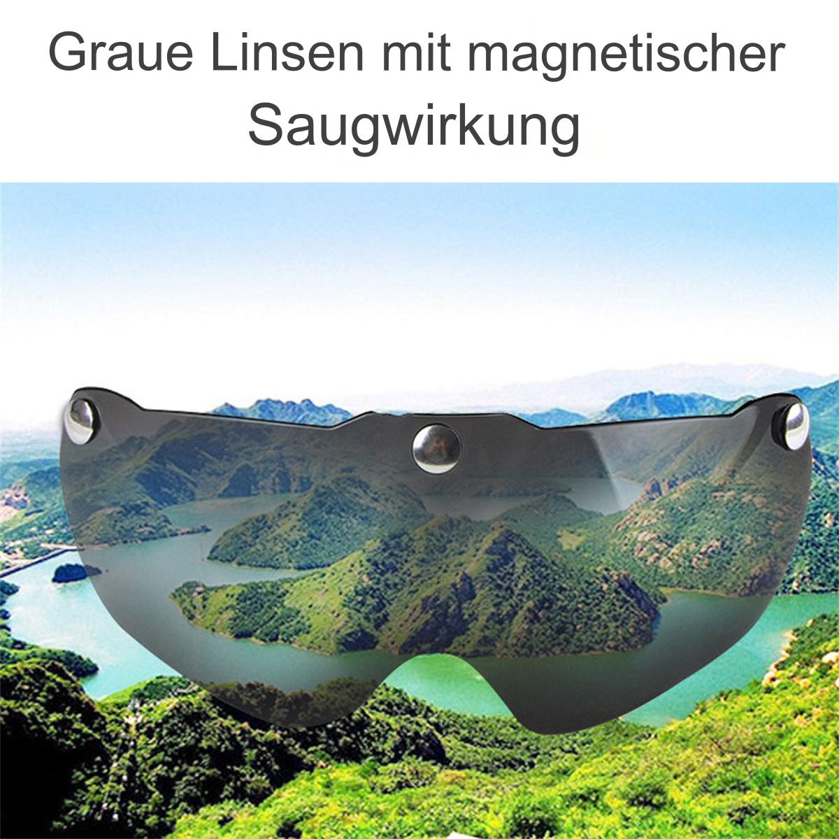 Sonnenbrille mit verspiegelter Linse, spiegelt Berg- und Seeszene. Landschaft sichtbar.