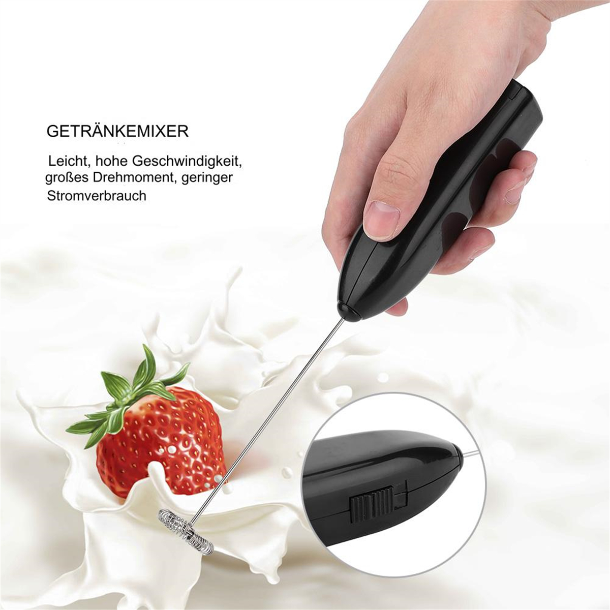Ein schwarzer Milchaufschäumer wird von einer Hand gehalten. Eine Erdbeere und ein Milchspritzer im Hintergrund.