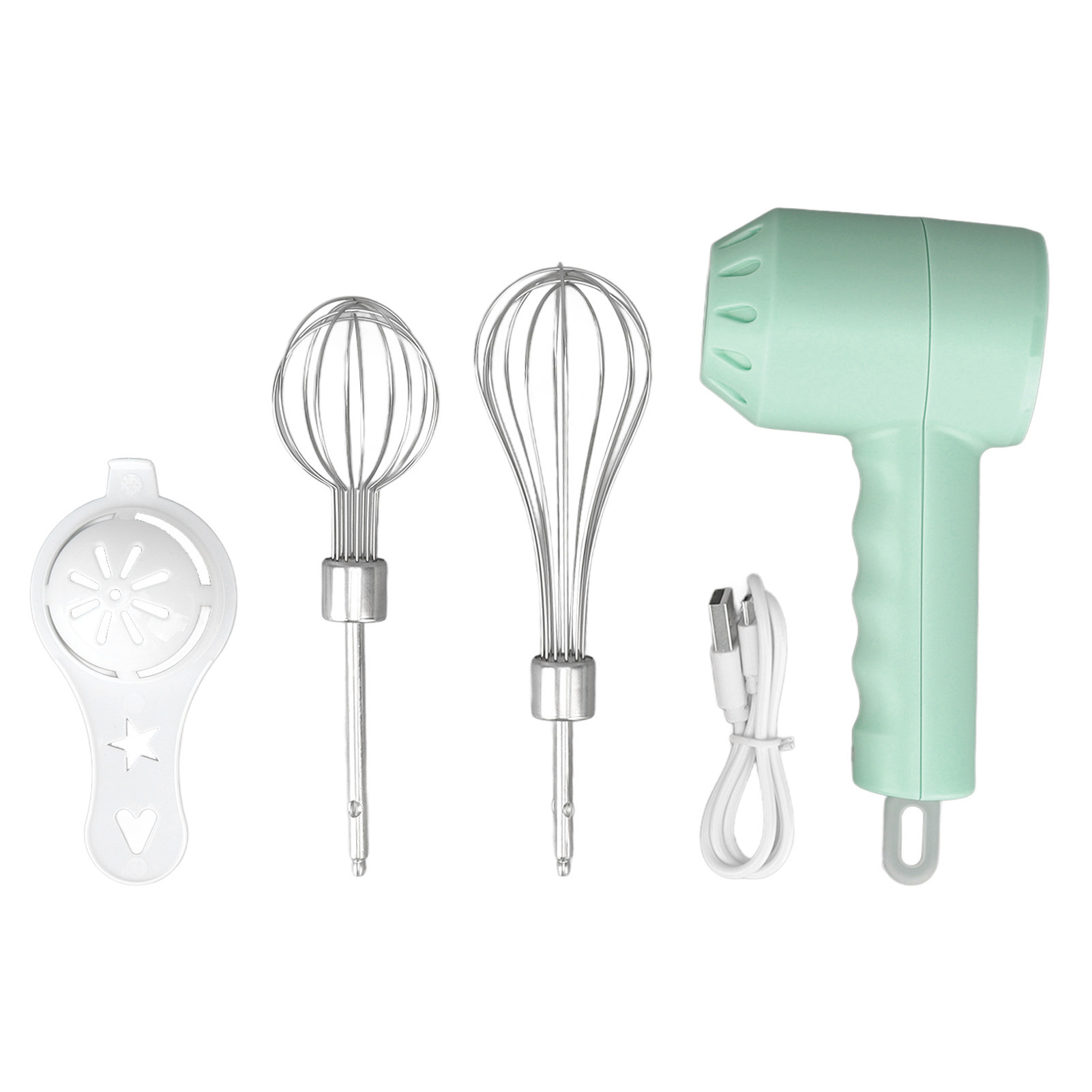 Minzgrüner Handmixer mit Aufsätzen: Eiertrenner, zwei Schneebesen und ein Ladekabel.