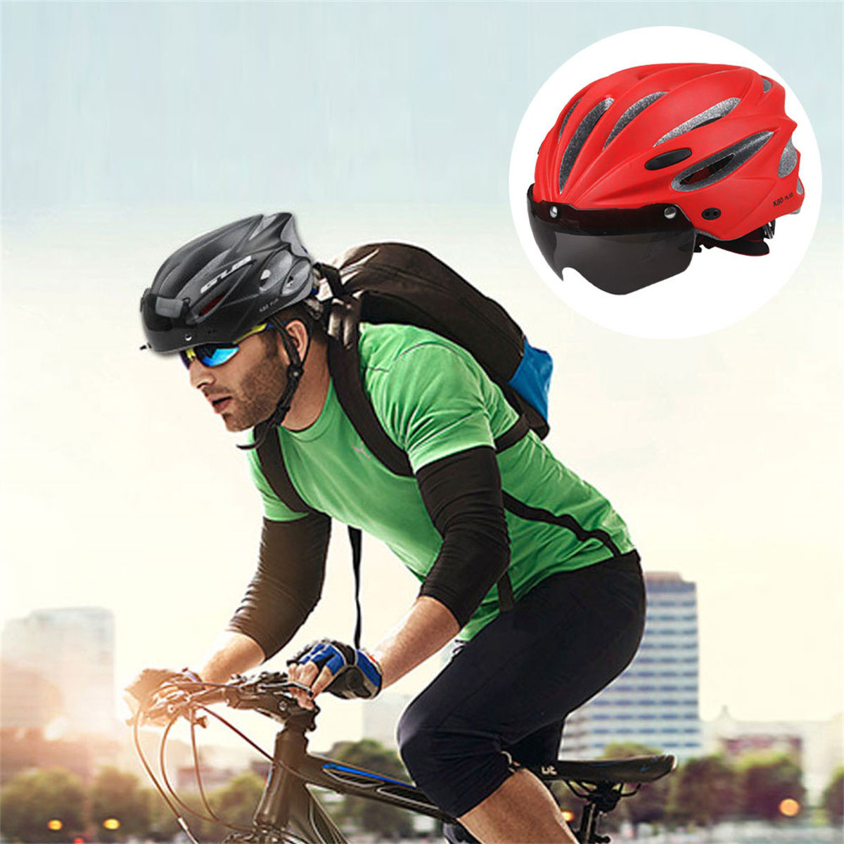 Radfahrer mit schwarzem Helm, Fahrrad fahren. Roter Helm rechts.