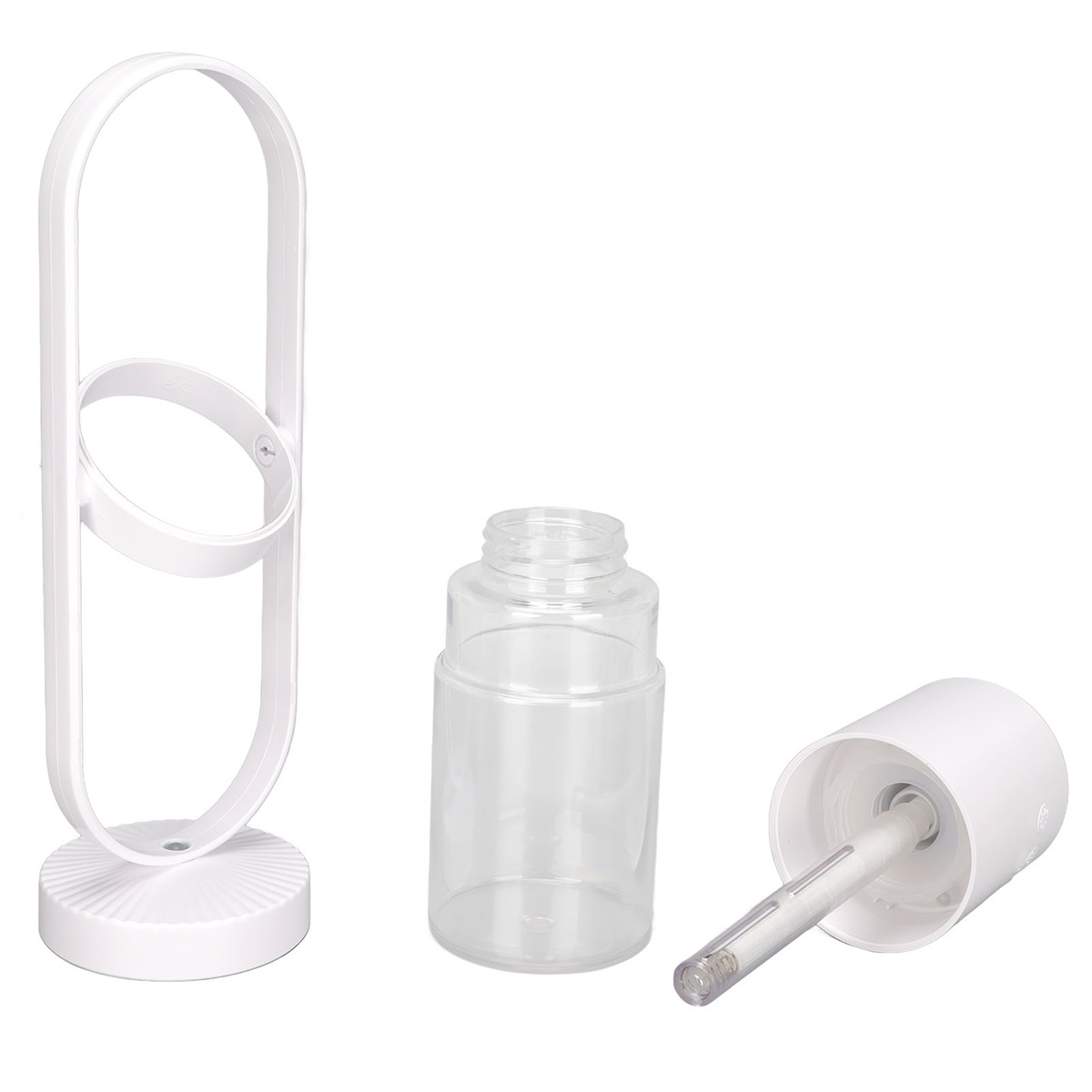 Weiße dekorative Leuchte mit ovaler Form und einer durchsichtigen Glasflasche.
