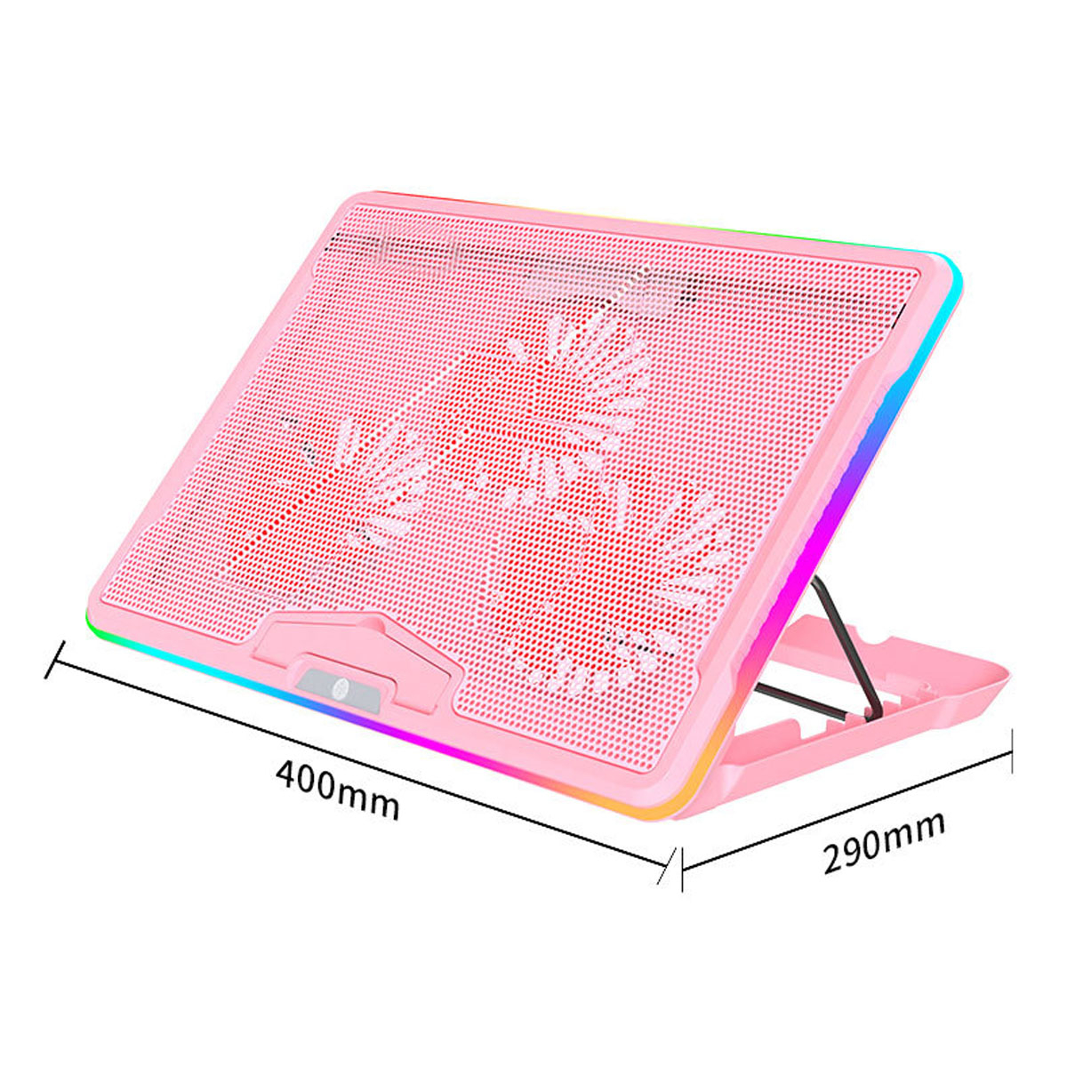 Rosa Laptop-Kühler mit Fächerdesign. Abmessungen: 400 mm x 290 mm.