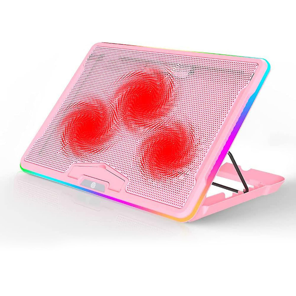 Rosa Laptop-Kühlpad mit drei roten Lüftern und einem Regenbogen-LED-Rand.