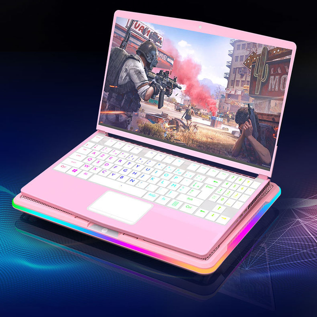 Ein pinkfarbener Gaming-Laptop mit einem Spiel auf dem Bildschirm.