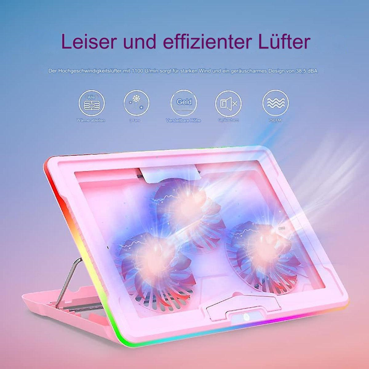 Rosa Laptop-Kühlpad mit drei Lüftern. Das Pad ist offen und hat ein Regenbogenlicht.