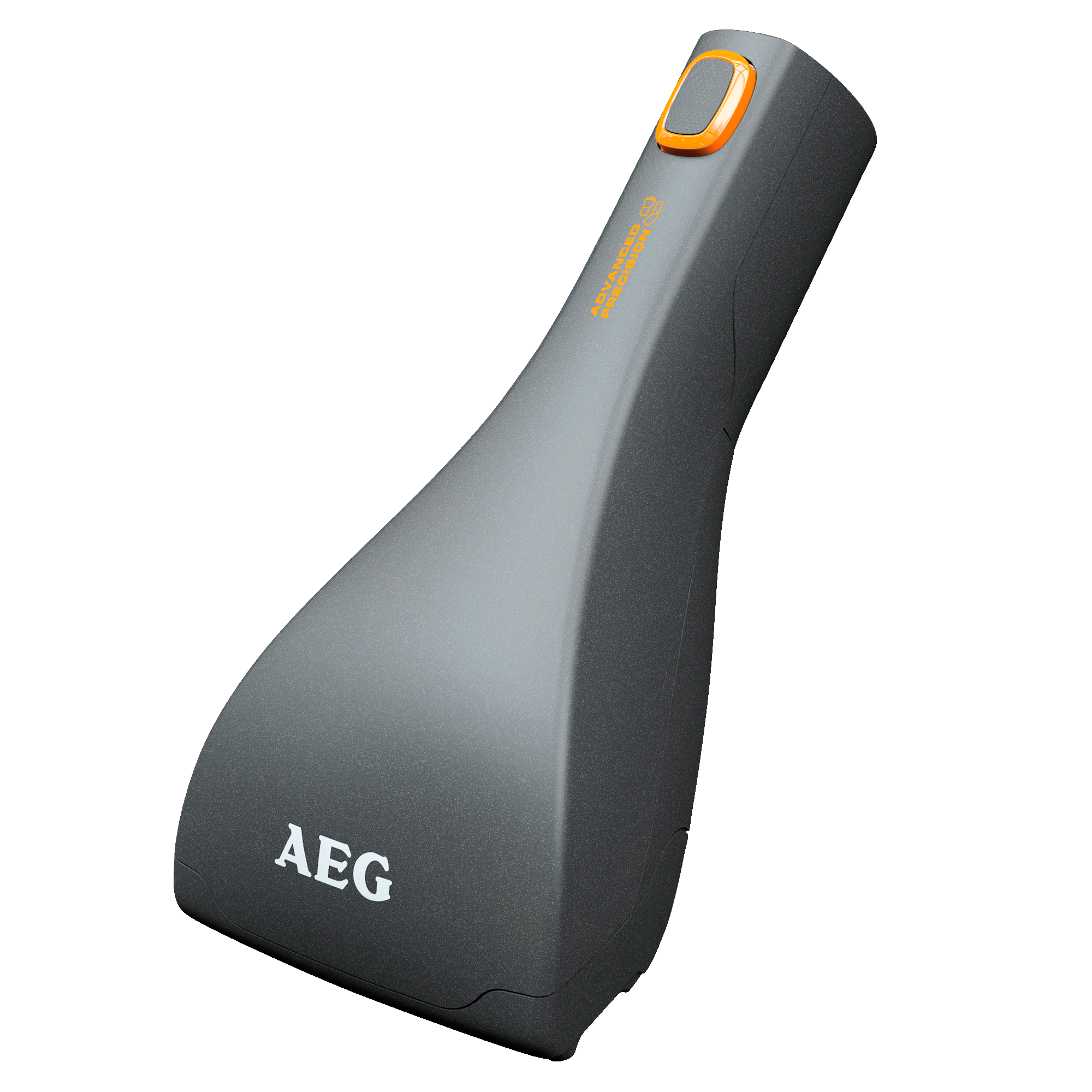 Aspiradora de mano AEG gris, detalle de botón naranja, aislada sobre fondo negro.