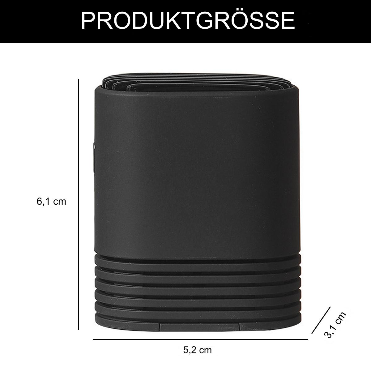 Schwarzes rechteckiges Gerät mit Abmessungen, Text 'PRODUCTGRÖSSE' oben.