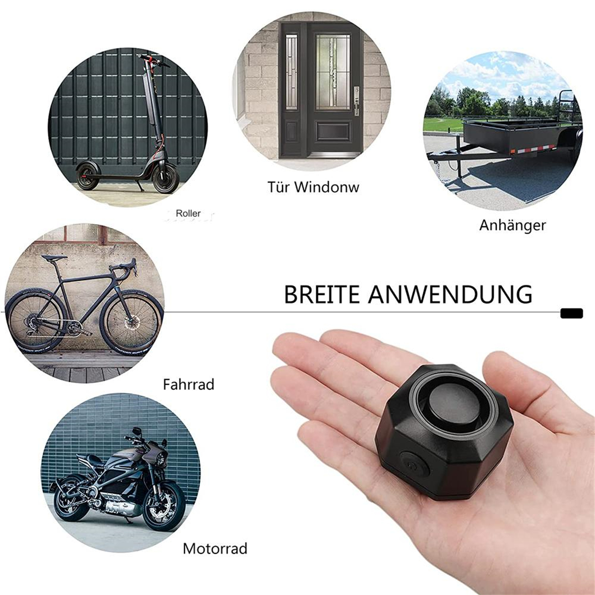 Verschiedene Artikel: Roller, Tür, Anhänger, Fahrrad und Motorrad mit einer Hand, die einen Alarm hält.