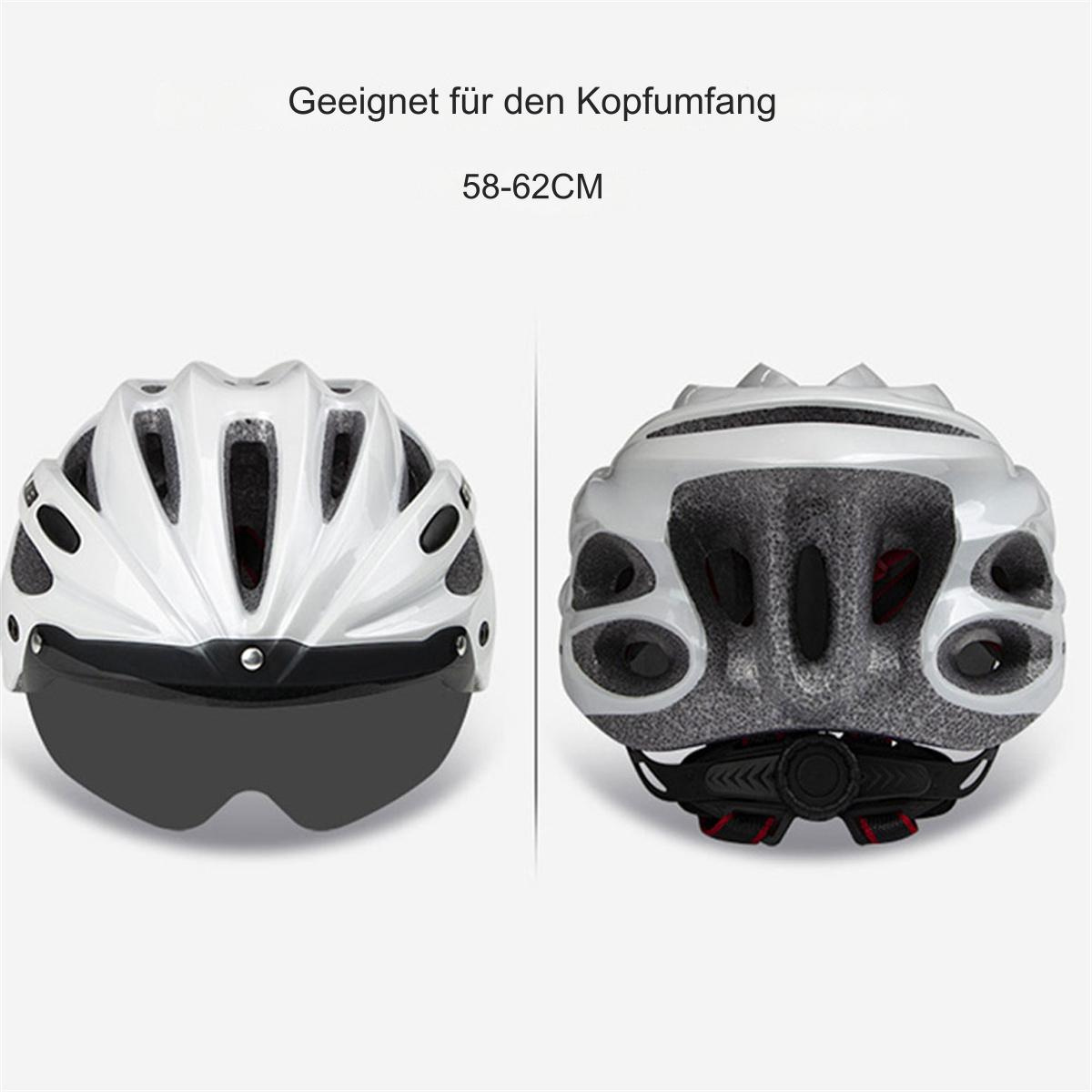 Weißer Fahrradhelm mit Visier. Zeigt Vorder- und Rückansicht.