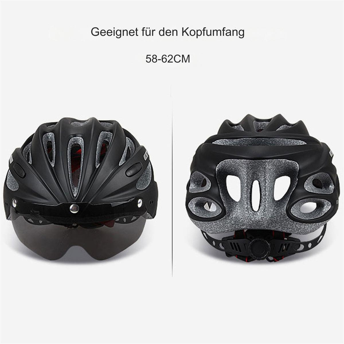 Zwei Ansichten eines schwarzen Fahrradhelms mit Visier. Es zeigt die Vorder- und Rückseite des Helms.