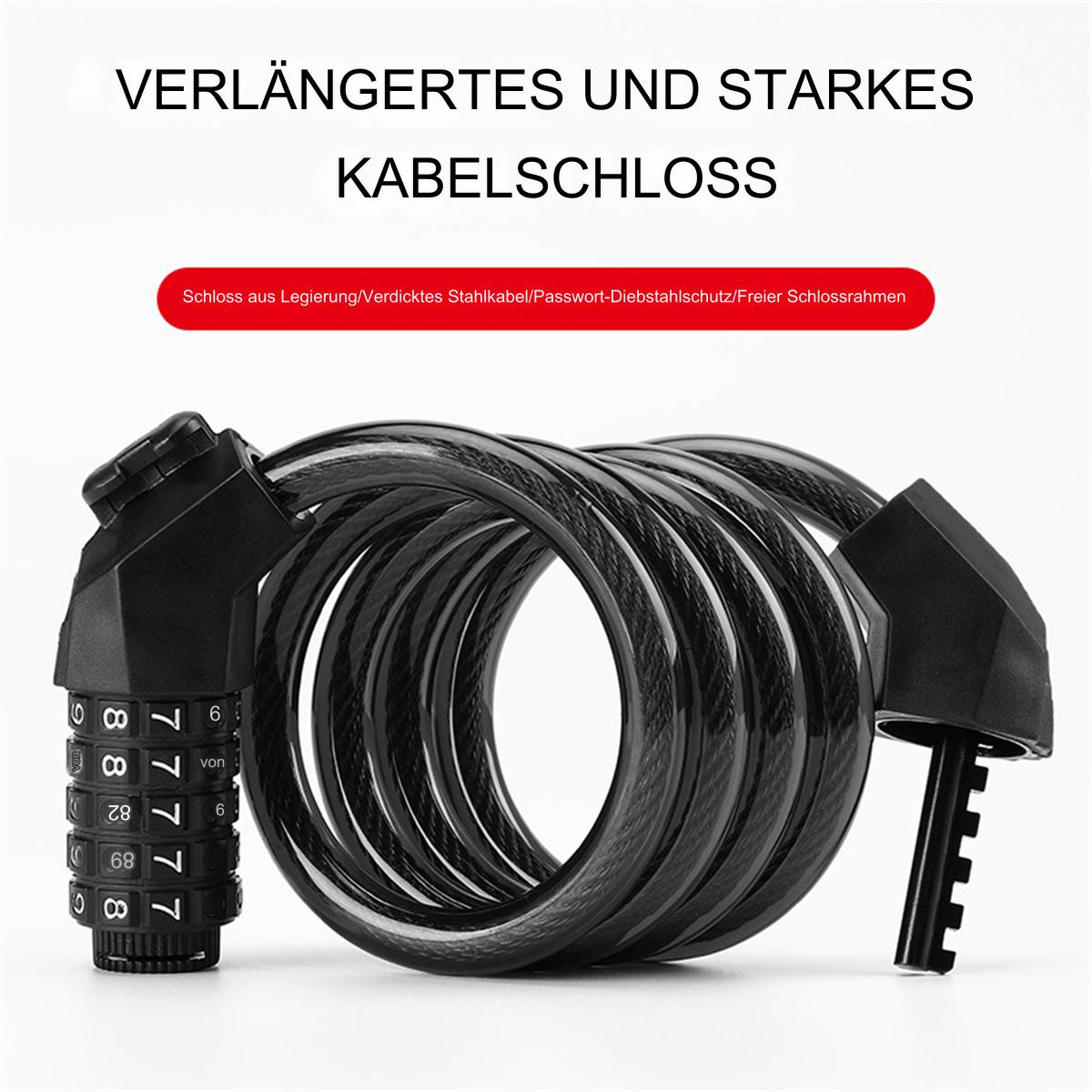Schwarzes Kabelschloss mit Zahlenschloss. Das Kabel ist aufgerollt.