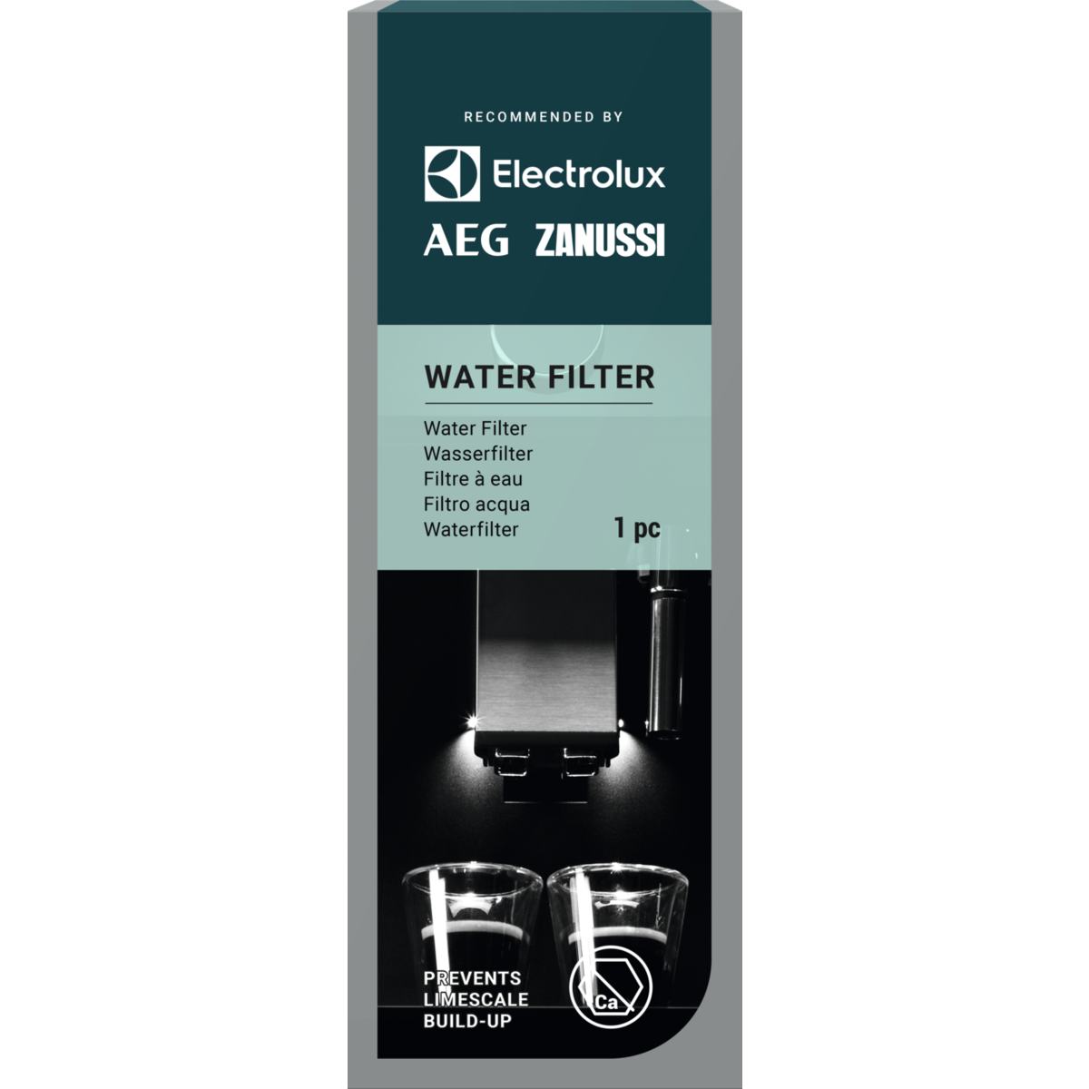 Etichetta prodotto per un filtro dell'acqua, con loghi Electrolux e AEG Zanussi.