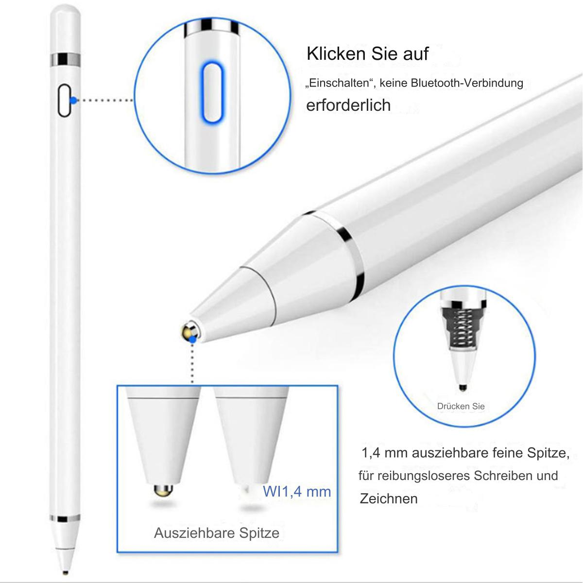 Weißer Stift mit Details der Spitze und dem Einschaltknopf.