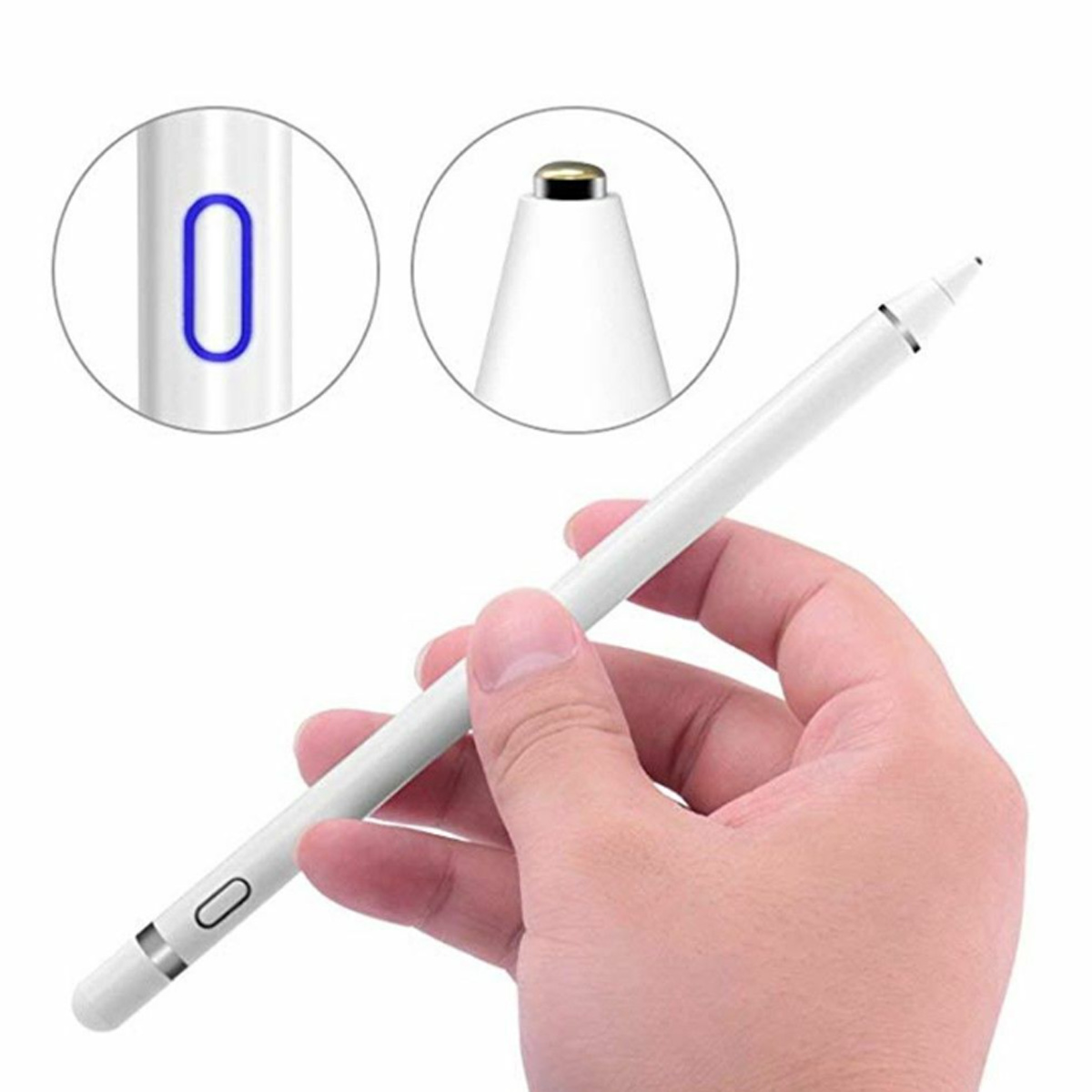 Ein weißer Stylus-Stift in einer Hand, Nahaufnahmen von Spitze und Ladeanzeige.