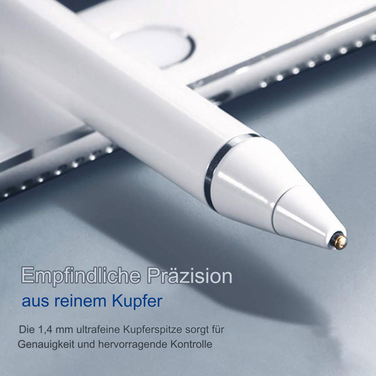 Weißer Eingabestift mit metallischer Spitze auf weißem Hintergrund. Text über Präzision ist vorhanden.