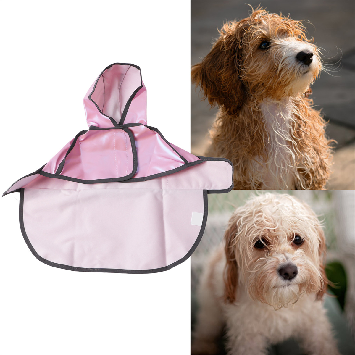 Pinker Hunderegenmantel mit Kapuze, und zwei Hunde, die ihn tragen, in einer Fotocollage.