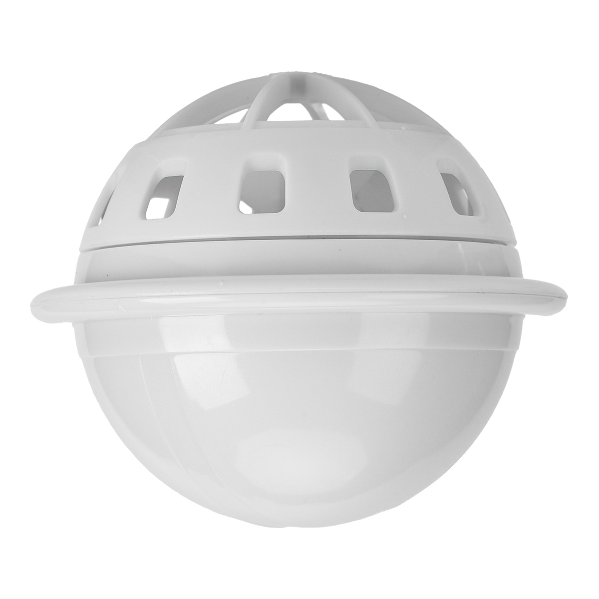 Ein weißer, runder Geschirrspülmaschinen-Reinigungsball mit einzigartigem Design. Er hat mehrere Öffnungen.