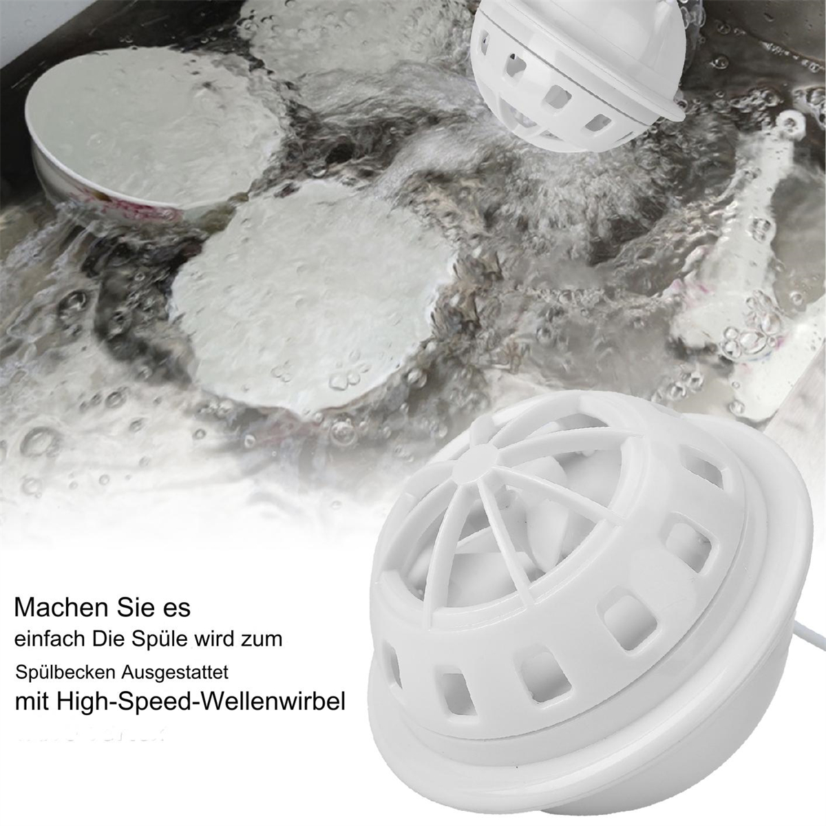 Ein weißer Reinigungsball in einem Waschbecken. Der Text erklärt, dass er einen Hochgeschwindigkeits-Wasserwirbel erzeugt.
